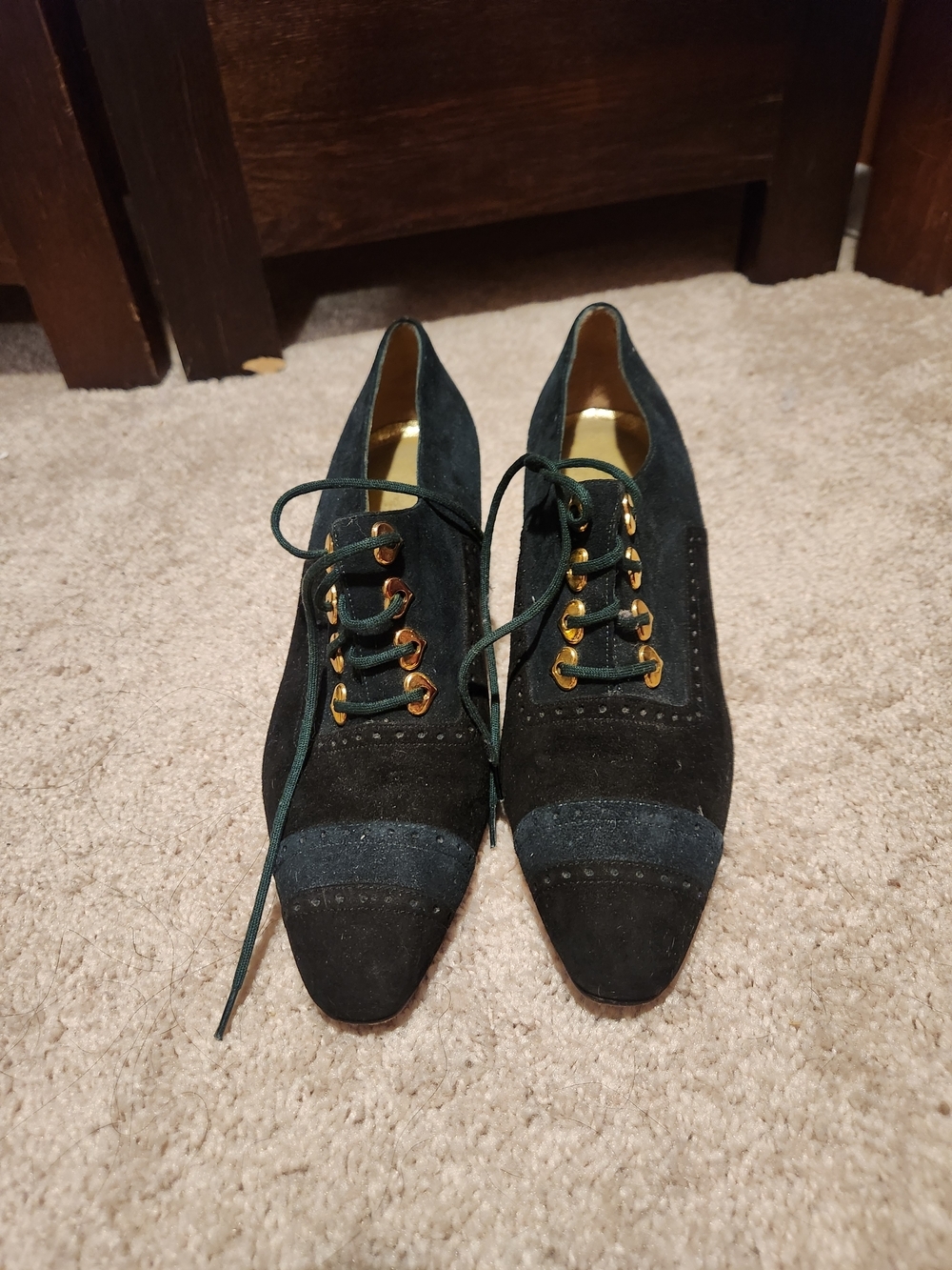 Escada Dark Green Suede Lace-Up Heels with Gold Eyelets